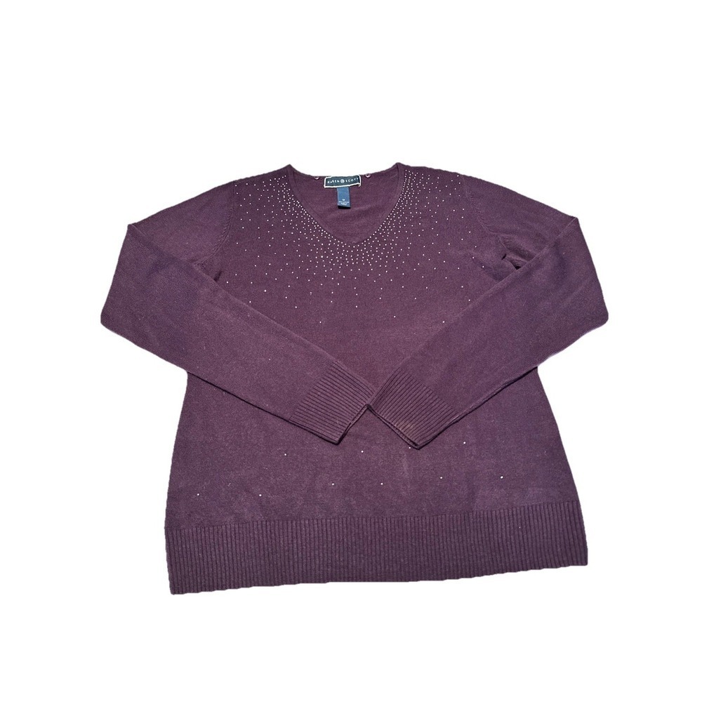 Karen Scott Purple V Neck Sweater Rhinestones Medium Festive‎ Holiday Classy